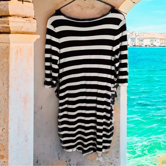 Guess XL Kaysia Wrap SWT Dress Black/White Striped Stretch Knee Length Side Zip - Picture 2 of 7
